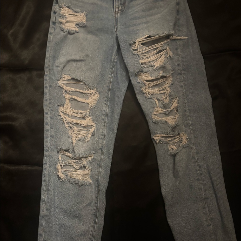 American Eagle Outfitters Blue Straight Leg Jeans with Distressed Design